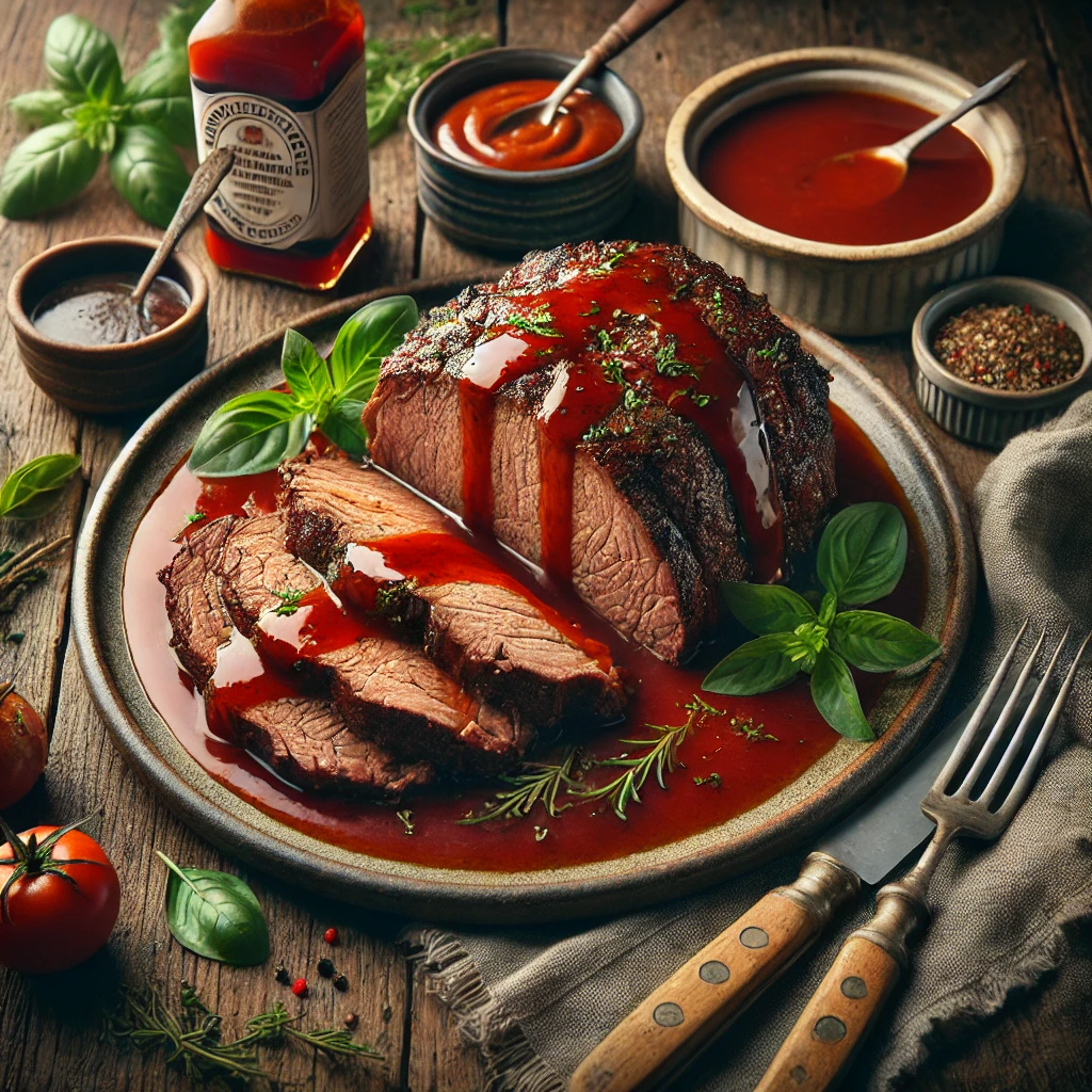 A rustic ceramic platter of marinated beef pot roast sits on a wooden table. The tender, golden-brown roast is sliced and drizzled with a rich, glossy gravy made from a tomato juice and Worcestershire marinade. Garnished with fresh basil, the dish is served with a small bowl of extra gravy. Surrounding the platter are fresh herbs, a bottle of Worcestershire sauce, a small bowl of mustard, and a folded linen napkin. Soft natural light highlights the juicy texture of the roast and the vibrant sauce, creating a warm and inviting presentation.