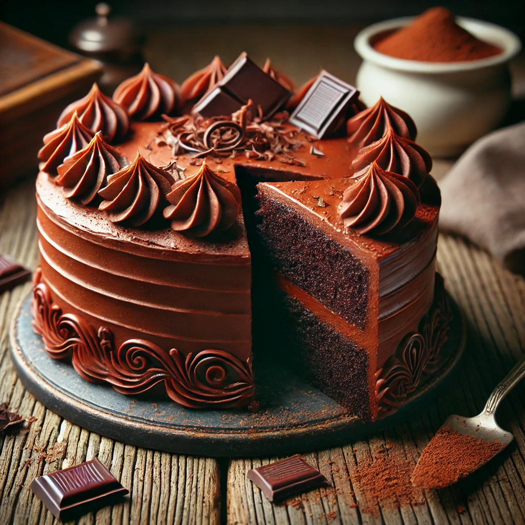A classic heritage chocolate cake on a rustic wooden table, featuring rich, moist chocolate layers coated in glossy chocolate frosting. A slice is cut to reveal the deep, decadent texture inside. The top is decorated with delicate chocolate swirls and shavings, with cocoa powder dustings and chocolate pieces scattered around. Soft natural lighting enhances the warm, indulgent tones.