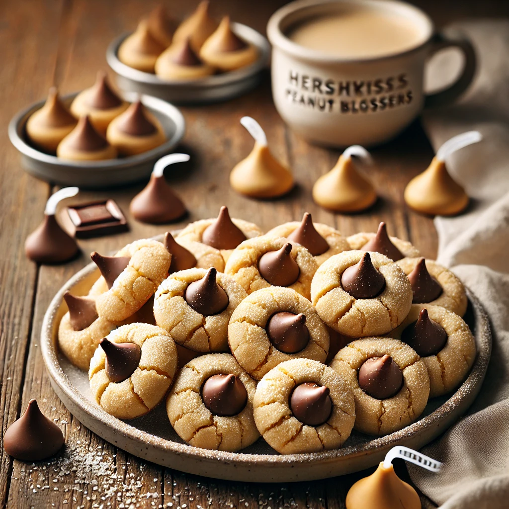 A plate of Hershey's Mini Kisses Peanut Butter Blossoms on a rustic wooden table, featuring golden, slightly cracked peanut butter cookies with a Hershey's Mini Kiss chocolate piece pressed into the center. Some cookies are dusted with granulated sugar for a classic touch, with extra Mini Kisses and peanut butter crumbs scattered around for a cozy, homemade feel. Soft natural lighting enhances the warm, inviting tones.
