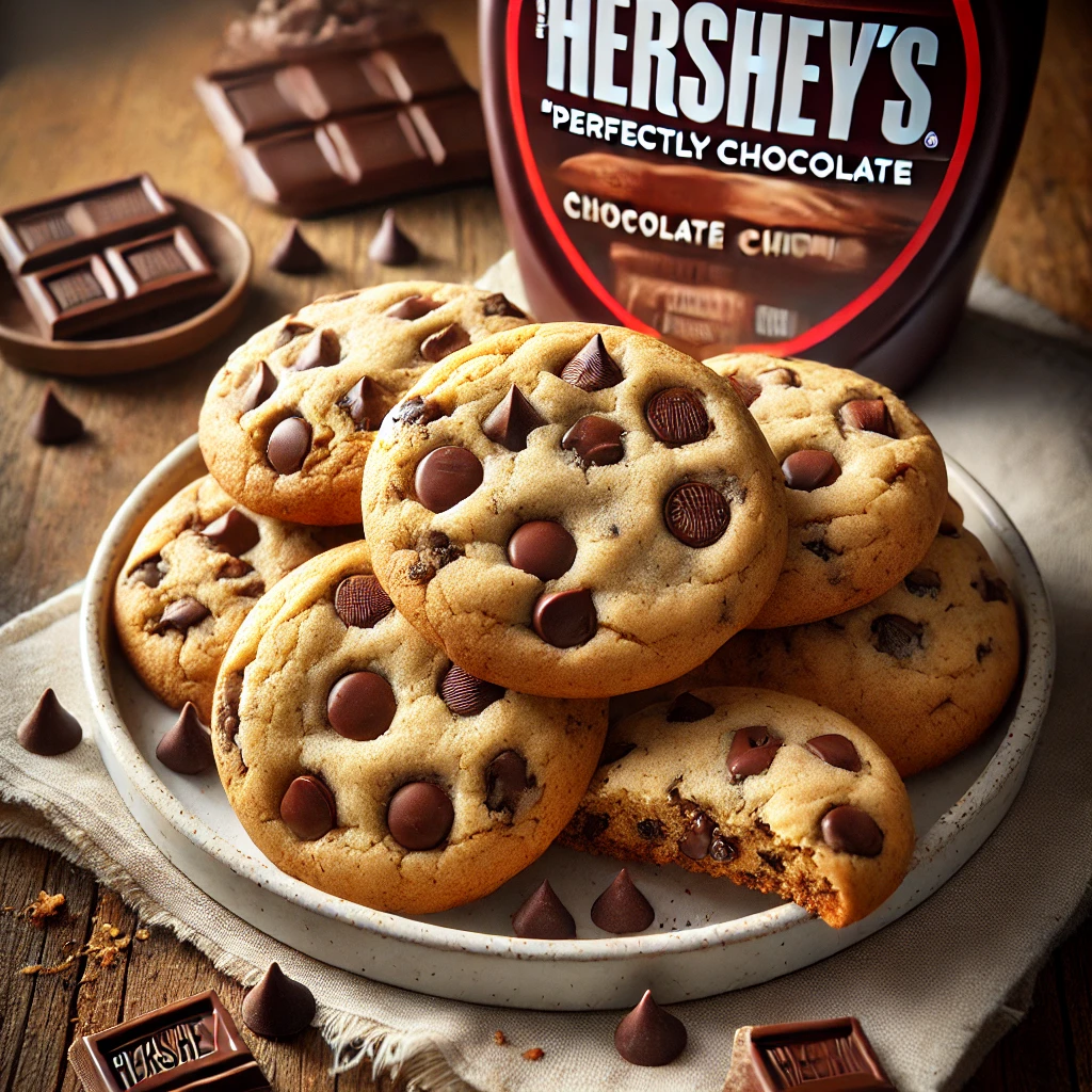 A plate of Hershey's "Perfectly Chocolate" Chocolate Chip Cookies on a rustic wooden table, featuring golden brown cookies with a soft, chewy texture and generously studded with melted Hershey’s chocolate chips. Some cookies have a drizzle of melted chocolate for extra indulgence, while a few broken cookies reveal the gooey, chocolatey interior. Scattered chocolate chips and crumbs add to the homemade charm, with soft natural lighting enhancing the warm, inviting tones.