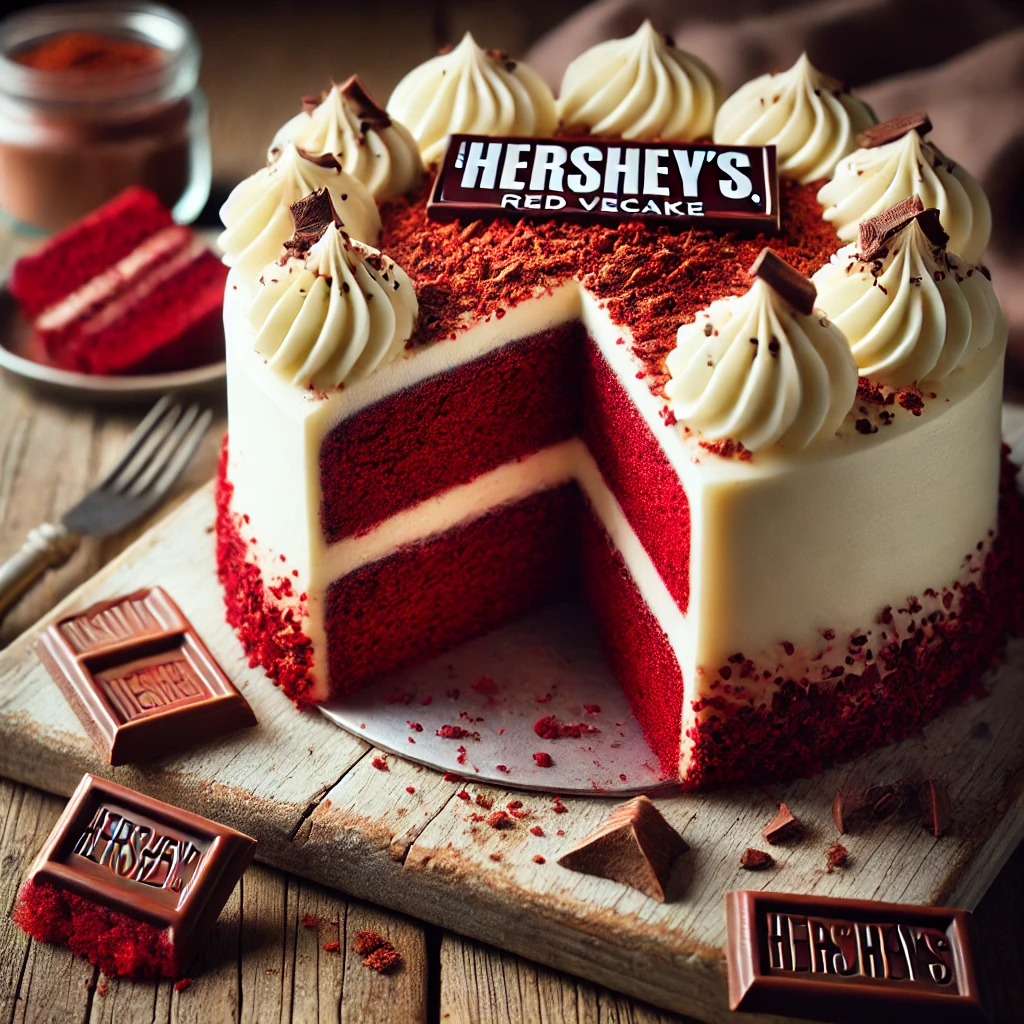A Hershey's Red Velvet Cake on a rustic wooden table, featuring rich, vibrant red layers with smooth, creamy white frosting. A slice is cut to reveal the soft, moist texture inside. The top is decorated with red velvet cake crumbs and chocolate shavings, with scattered cocoa powder and chocolate pieces enhancing the indulgent presentation. Soft natural lighting highlights the deep red tones and velvety frosting.