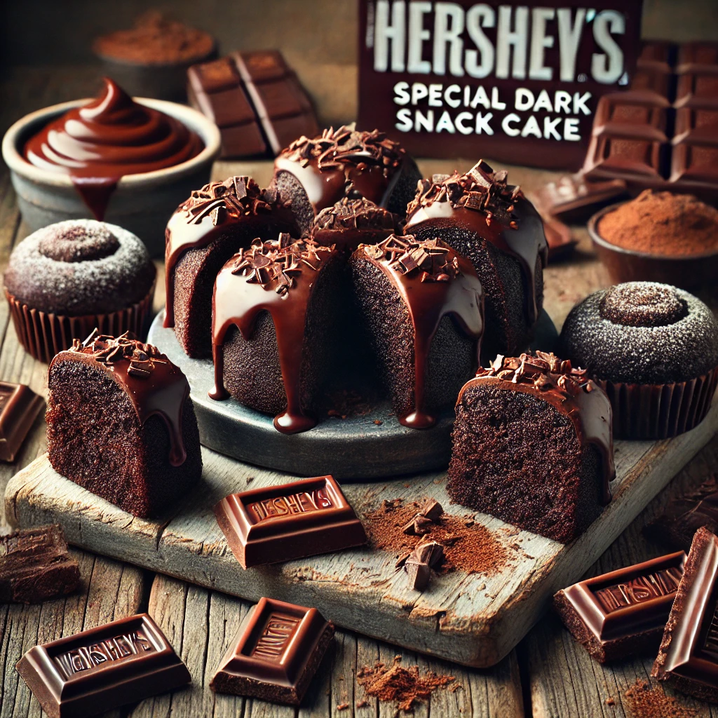 A Hershey's Special Dark Snack Cake Medley on a rustic wooden table, featuring small, moist dark chocolate snack cakes topped with glossy chocolate glaze. Some cakes are drizzled with melted chocolate, while others are garnished with chocolate shavings or cocoa powder. A few are cut open to reveal their rich, fudgy interior, with scattered chocolate pieces enhancing the indulgent presentation. Soft natural lighting highlights the deep, luxurious chocolate tones.