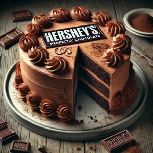 A classic Hershey's "Perfectly Chocolate" Chocolate Cake on a rustic wooden table, featuring rich, moist chocolate layers coated in smooth, creamy Hershey’s chocolate frosting. A slice is cut to reveal the decadent, soft interior. The top is decorated with chocolate swirls and a dusting of cocoa powder, with scattered chocolate pieces and crumbs adding to the homemade charm. Soft natural lighting highlights the deep, indulgent chocolate tones.