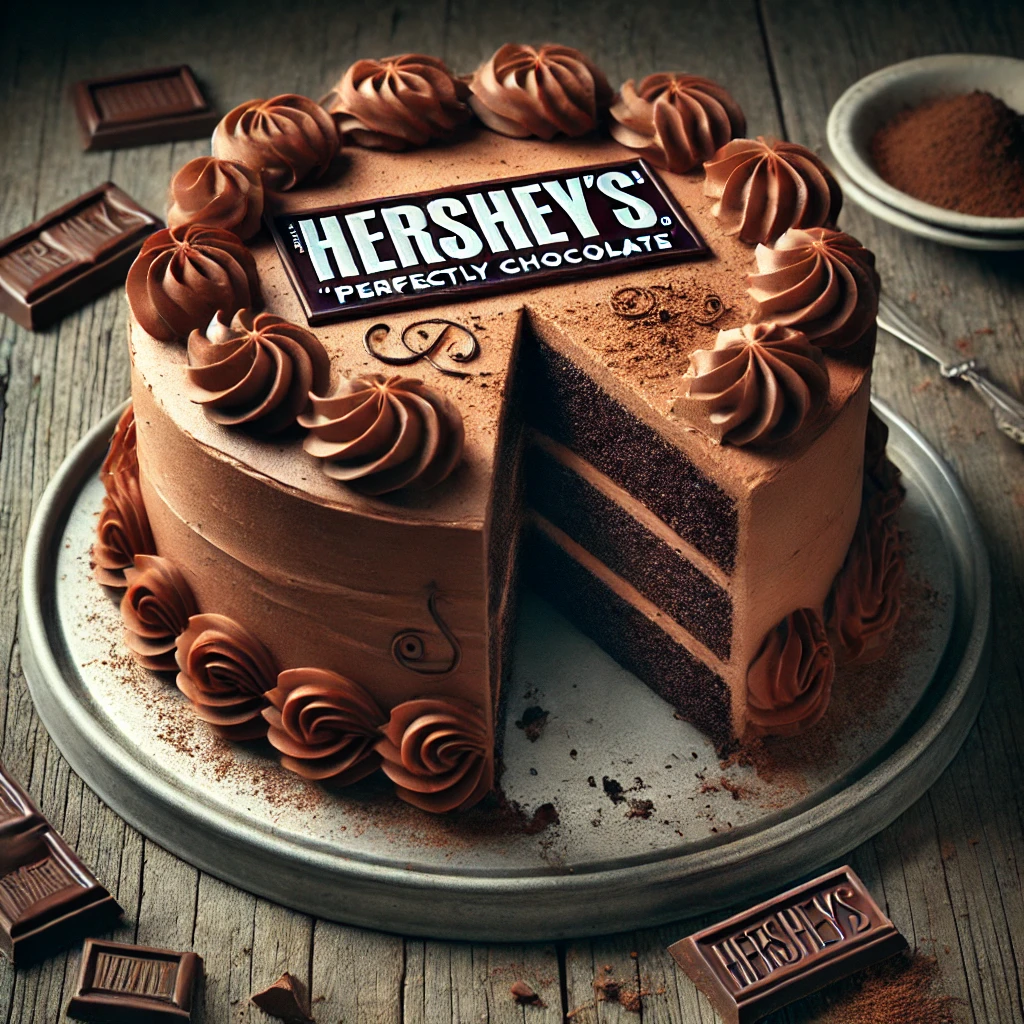A classic Hershey's "Perfectly Chocolate" Chocolate Cake on a rustic wooden table, featuring rich, moist chocolate layers coated in smooth, creamy Hershey’s chocolate frosting. A slice is cut to reveal the decadent, soft interior. The top is decorated with chocolate swirls and a dusting of cocoa powder, with scattered chocolate pieces and crumbs adding to the homemade charm. Soft natural lighting highlights the deep, indulgent chocolate tones.