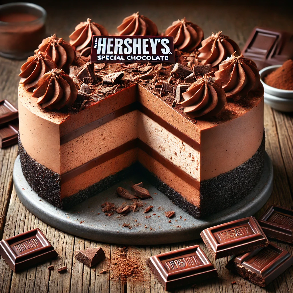 A rich Hershey's Special Dark Chocolate Layered Cheesecake on a rustic wooden table, featuring multiple layers of smooth, creamy chocolate filling on a dark chocolate cookie crust. The top is decorated with chocolate ganache, chocolate shavings, and a dusting of cocoa powder. A slice is cut to reveal the velvety layers inside, with scattered chocolate chunks and crumbs enhancing the indulgent presentation. Soft natural lighting highlights the deep, luxurious chocolate tones.