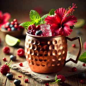 A beautifully crafted Hibiscus-Berry Mule cocktail in a copper mug filled with ice, garnished with fresh berries, a lime wedge, and a sprig of mint. The mug sits on a rustic wooden table with scattered hibiscus petals and berries, highlighted by soft, natural lighting for a cozy and elegant atmosphere.