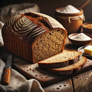 A rustic loaf of Hodgepodge o’ Flours Bread with a deep golden-brown crust and an artisanal texture. A few slices are cut, revealing a slightly dense but soft interior speckled with grains from rye, spelt, and wheat germ. The loaf rests on a wooden cutting board on a rustic wooden table, accompanied by a small dish of butter, a linen napkin, and scattered flour. Warm natural lighting enhances the cozy, homemade feel.