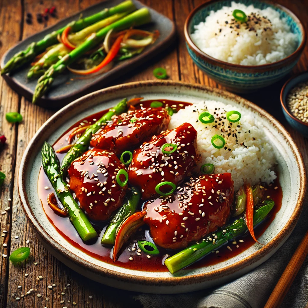 A beautifully plated dish of Hoisin Chicken served on a rustic wooden table. The dish features tender, pan-seared chicken coated in a rich, glossy hoisin sauce with a perfect balance of sweet and savory flavors. Garnished with sesame seeds and finely chopped green onions. Served in a white ceramic bowl with a side of steamed rice and stir-fried vegetables. The warm wooden table is more visible, providing a cozy and inviting setting.