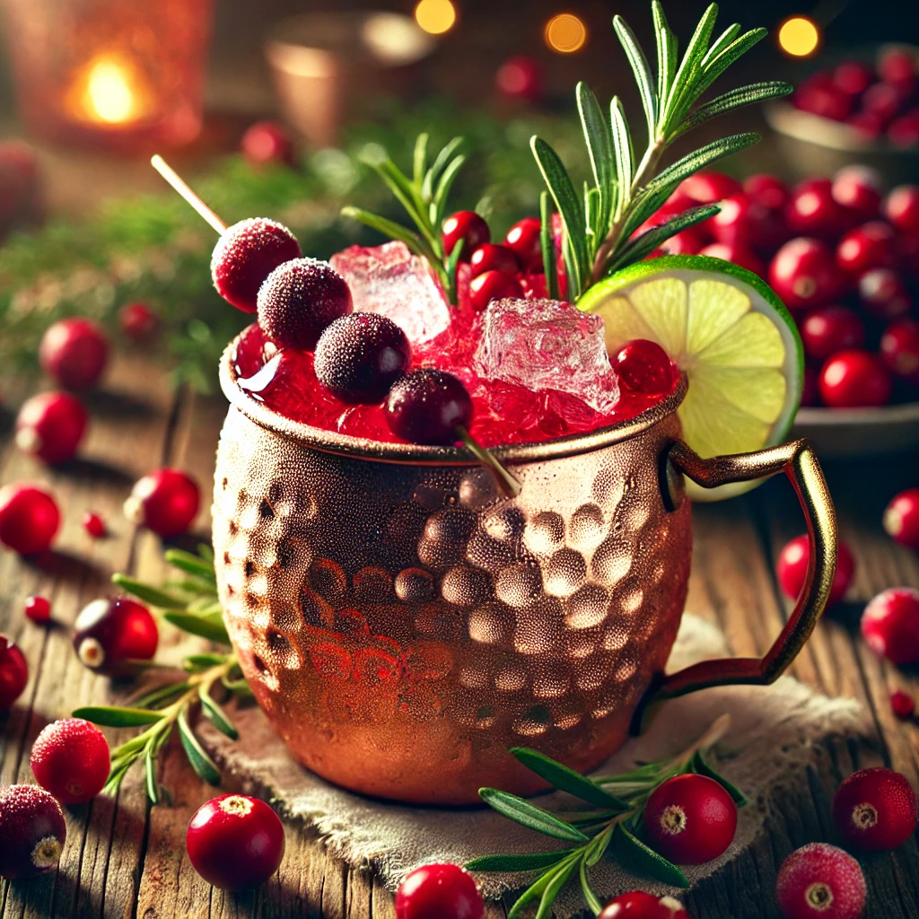 A beautifully crafted Holiday Mule cocktail in a copper mug filled with ice, garnished with cranberries and a sprig of rosemary. The mug sits on a rustic wooden table with scattered cranberries and rosemary sprigs, highlighted by soft, warm lighting for a cozy and elegant holiday atmosphere.