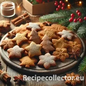 Golden-brown holiday spice cookies shaped like stars and trees, dusted with powdered sugar, on a rustic wooden table with festive accents.