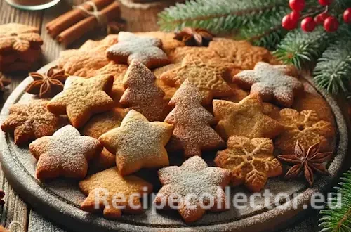 Golden-brown holiday spice cookies shaped like stars and trees, dusted with powdered sugar, on a rustic wooden table with festive accents.