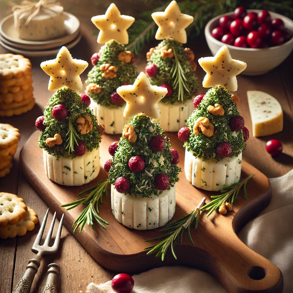 A rustic presentation of holiday tree-shaped cheese balls, elegantly arranged on a wooden table. The cheese balls are shaped into small festive Christmas trees, coated with finely chopped herbs, nuts, and cranberries for decoration. A star-shaped cheese slice tops each tree. The cheese trees are displayed on a wooden cutting board, with crackers, breadsticks, and fresh rosemary sprigs arranged around them. Soft natural lighting enhances the warm and festive feel, with gentle shadows and a hint of rustic holiday charm in the background.