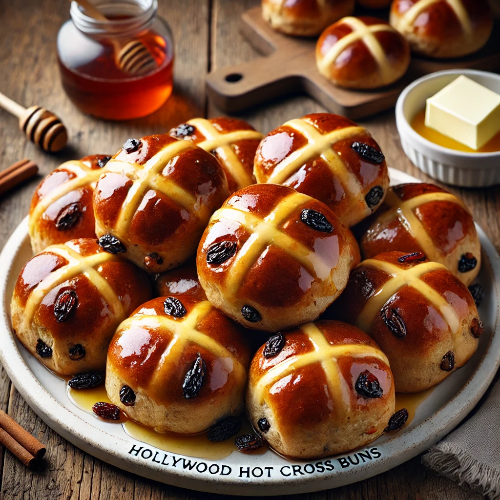 A beautifully plated batch of Hollywood Hot Cross Buns served on a rustic wooden table. The buns are golden-brown, soft, and studded with raisins and spices. Each bun is marked with a classic white cross on top and has a glossy, lightly sweet glaze. Arranged on a white ceramic plate with a side of butter and a small dish of honey. The warm wooden table is more visible, providing a cozy and inviting setting.