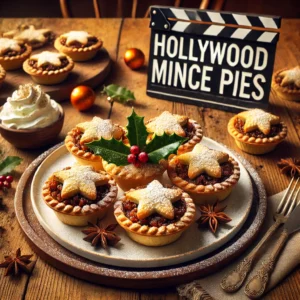 A beautifully plated batch of Hollywood Mince Pies served on a rustic wooden table. The mince pies have a golden, flaky pastry crust filled with rich, spiced mincemeat. Lightly dusted with powdered sugar and garnished with a sprig of holly for a festive touch. Arranged on a white ceramic plate with a side of whipped cream. The warm wooden table is more visible, providing a cozy and inviting setting.