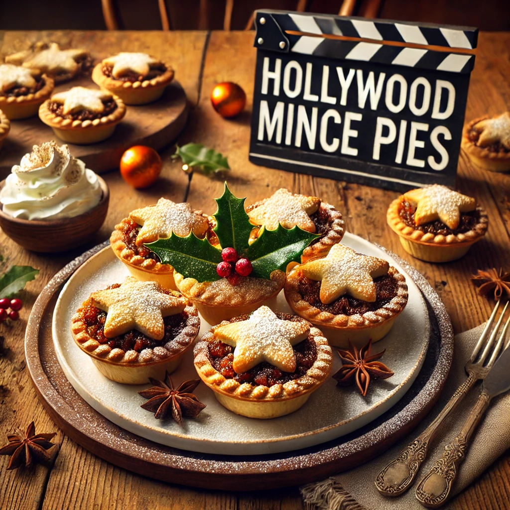 A beautifully plated batch of Hollywood Mince Pies served on a rustic wooden table. The mince pies have a golden, flaky pastry crust filled with rich, spiced mincemeat. Lightly dusted with powdered sugar and garnished with a sprig of holly for a festive touch. Arranged on a white ceramic plate with a side of whipped cream. The warm wooden table is more visible, providing a cozy and inviting setting.