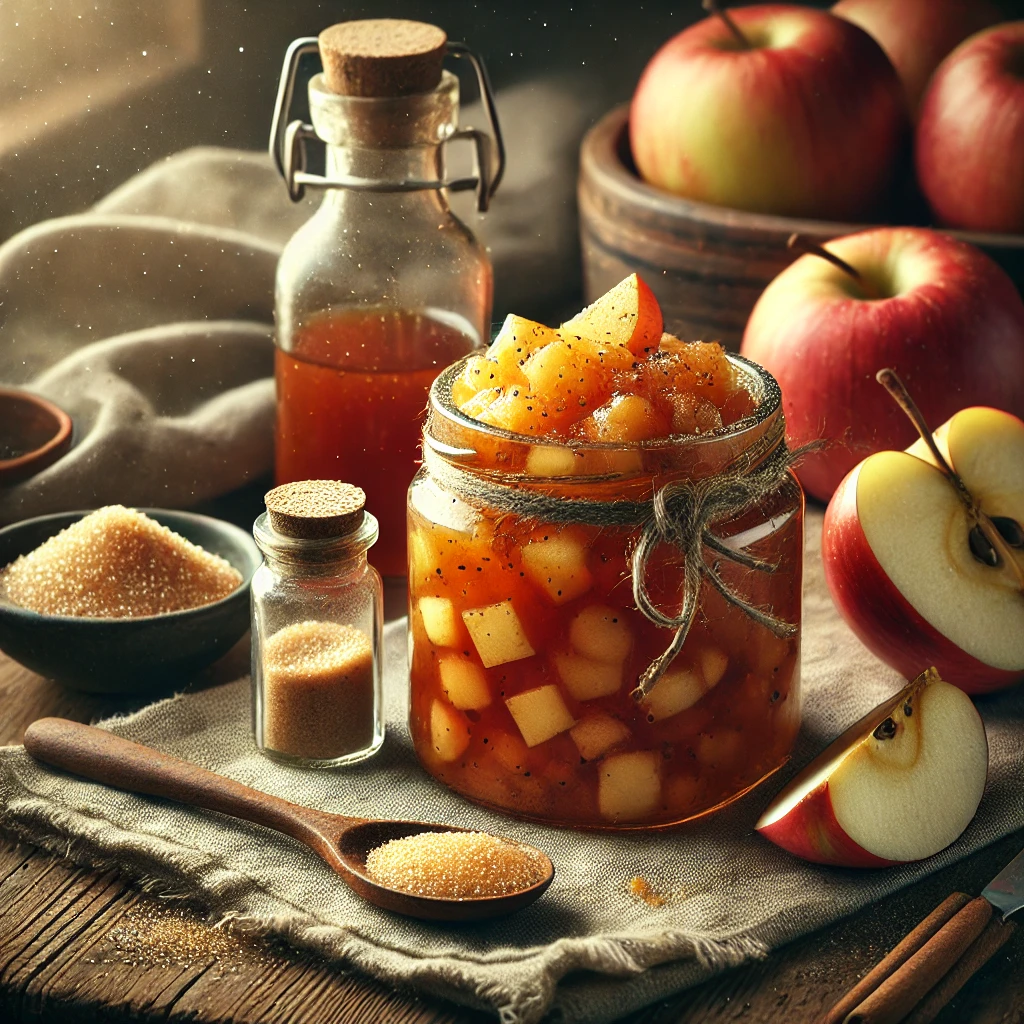 A small rustic glass jar of homemade apple chutney with a rich, golden-brown color, featuring visible pieces of apples and onions seasoned with spices. Fresh apples, a bowl of sugar, a bottle of apple cider vinegar, and a wooden spoon with ground ginger are arranged nearby on a wooden table, creating a cozy and inviting presentation.