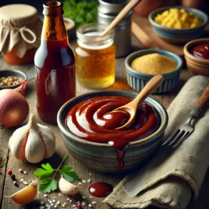 A rustic ceramic bowl filled with homemade beer barbecue sauce sits on a wooden table. The sauce is rich and glossy, deep reddish-brown, with bits of minced garlic and onions visible. A small wooden spoon rests in the bowl, highlighting the thick texture. Surrounding the bowl are ingredients like a bottle of beer, garlic cloves, chopped onions, a lemon wedge, and a small dish of Dijon mustard. A folded linen napkin and scattered herbs complete the cozy presentation. Soft natural light enhances the sauce’s warm, appetizing tones.