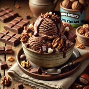 A rustic ceramic bowl filled with homemade Ben & Jerry's New York Super Fudge Chunk ice cream sits on a wooden table. The rich chocolate ice cream is packed with chunks of white chocolate, dark chocolate, fudge pieces, pecans, walnuts, and chocolate-covered almonds. It’s topped with a drizzle of chocolate fudge sauce and a sprinkle of chopped nuts. Scattered around the bowl are whole pecans, walnuts, and chocolate chunks. A small spoon and folded napkin complete the inviting, rustic setup.