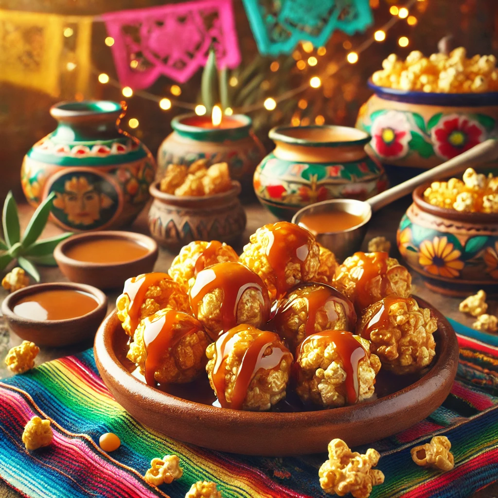 Golden caramel popcorn balls arranged on a decorative Mexican-style ceramic plate, with a warm, glossy caramel coating. The scene includes colorful Mexican textiles, pottery, and small bowls of caramel sauce and popcorn kernels, creating a festive, cozy atmosphere. Warm natural light highlights the rich caramel tones and vibrant decor, adding to the inviting presentation.