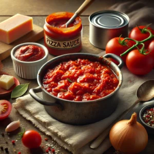 A small rustic saucepan filled with rich red cooked pizza sauce, textured with visible pieces of chopped tomatoes, onions, and herbs, sits on a wooden table. Surrounding the saucepan are fresh Italian plum tomatoes, a can of tomato paste, minced garlic, chopped onions, a dish of Italian seasoning, and a stick