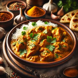 A rich and flavorful curry chicken dish with tender chicken pieces simmered in a golden, aromatic sauce, garnished with fresh cilantro and served with rice and naan bread.