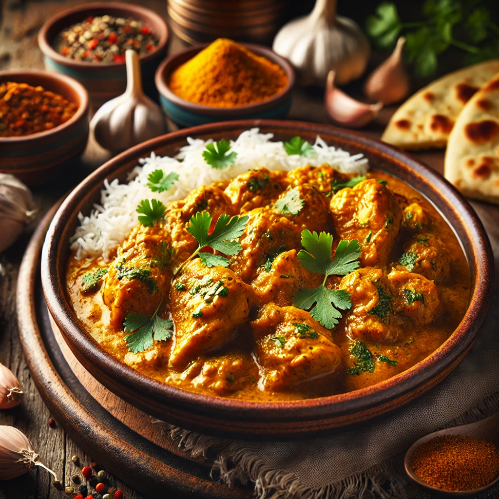 A rich and flavorful curry chicken dish with tender chicken pieces simmered in a golden, aromatic sauce, garnished with fresh cilantro and served with rice and naan bread.