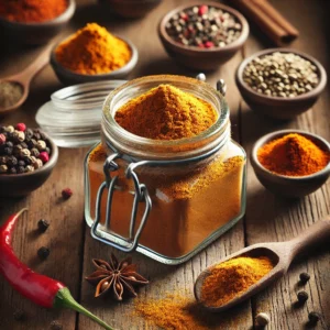 Homemade Curry Powder displayed in a rustic glass jar with a metal clasp, surrounded by small bowls of chili powder, black pepper, five-spice powder, cumin, turmeric, and coriander. A wooden spoon and a small spill of curry powder complete the setup on a wooden table, illuminated by soft natural lighting for a warm and aromatic presentation.