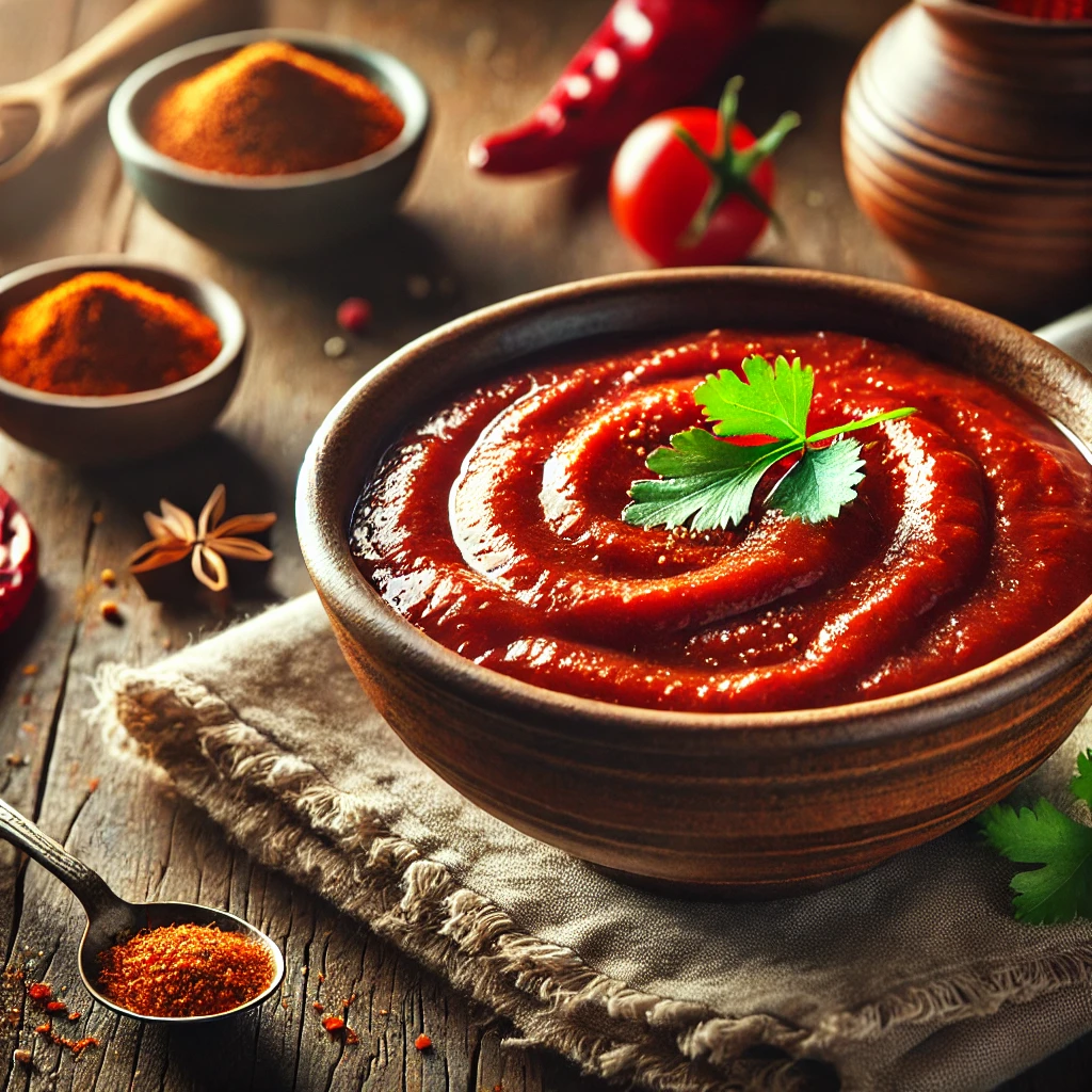 A rich and flavorful Homemade Enchilada Sauce served in a rustic ceramic bowl. The sauce has a deep red hue with a smooth, velvety texture, garnished with a sprinkle of cumin and fresh cilantro leaves. The bowl sits on a rustic wooden table, accompanied by dried chili peppers, a small dish of spices, and a wooden spoon. Warm, natural lighting enhances the inviting, homemade feel.