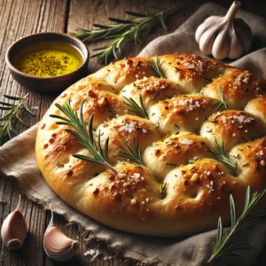 A rustic wooden table featuring a freshly baked golden brown focaccia. The bread has a soft, airy texture with visible dimples, topped with crushed garlic, rosemary, and a sprinkle of kosher salt. Beside the focaccia is a small bowl of olive oil with herbs, fresh rosemary sprigs, and garlic cloves. A folded linen napkin completes the inviting presentation.