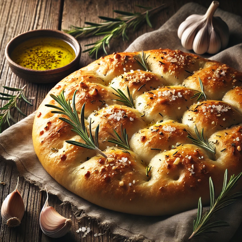 A rustic wooden table featuring a freshly baked golden brown focaccia. The bread has a soft, airy texture with visible dimples, topped with crushed garlic, rosemary, and a sprinkle of kosher salt. Beside the focaccia is a small bowl of olive oil with herbs, fresh rosemary sprigs, and garlic cloves. A folded linen napkin completes the inviting presentation.