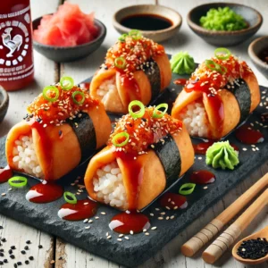Homemade inari sushi filled with seasoned rice, drizzled with spicy sushi sauce, garnished with sesame seeds, scallions, and sriracha, served on a black slate platter with pickled ginger, wasabi, and soy sauce.