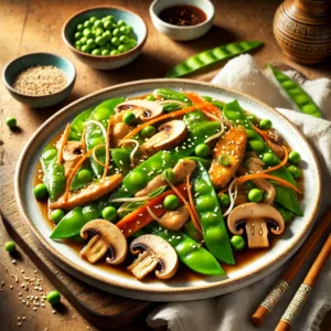 A plate of homemade Moo Goo Gai Pan with chicken, snow peas, mushrooms, carrots, and water chestnuts in a light sauce, garnished with green onions and sesame seeds, served with chopsticks on a wooden table.