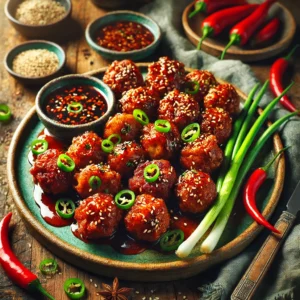 A ceramic platter with crispy spicy seitan poppers coated in a glossy glaze, garnished with green onions and sesame seeds, served with dipping sauce and fresh chili peppers on a wooden table.
