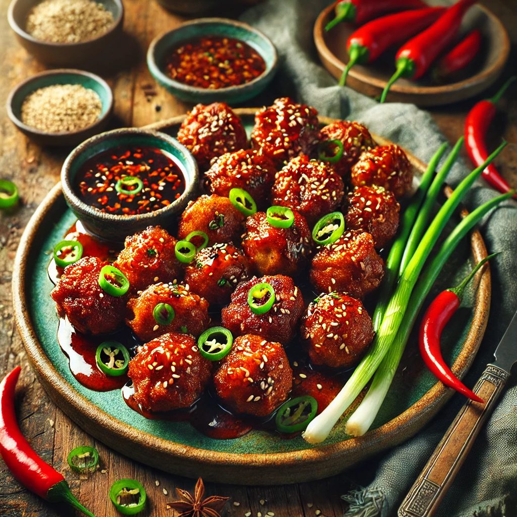 A ceramic platter with crispy spicy seitan poppers coated in a glossy glaze, garnished with green onions and sesame seeds, served with dipping sauce and fresh chili peppers on a wooden table.