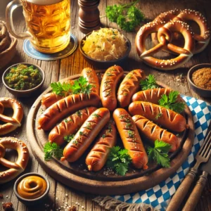 A rustic wooden platter of golden-brown Homemade Oktoberfest Vegan Wieners, served with soft pretzels, sauerkraut, spicy mustard, and garnished with parsley, set on a wooden table with a beer stein and blue-and-white checkered napkin.