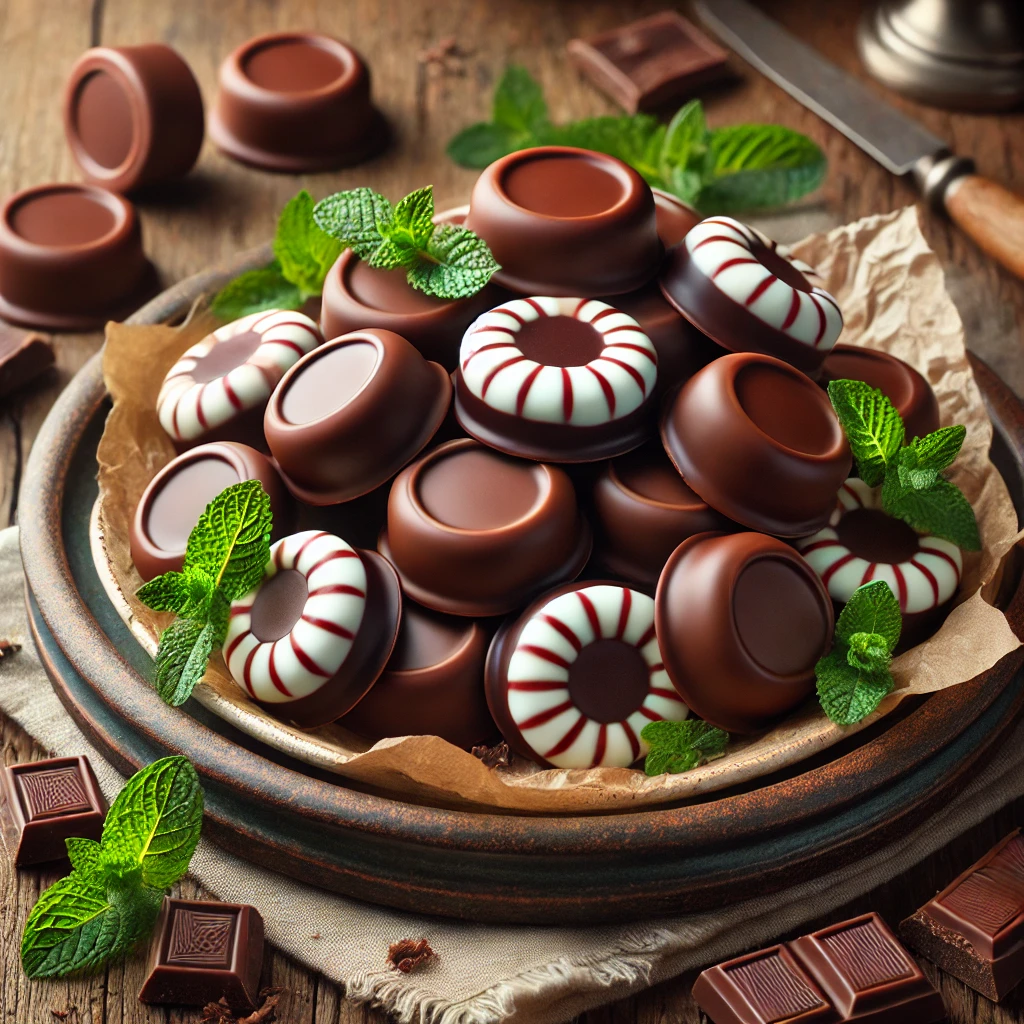 A beautifully arranged plate of homemade peppermint creams, half-dipped in glossy dark chocolate, displayed on a rustic ceramic dish. The peppermint creams are round, smooth, and have a slight sheen. Some are stacked, while others are neatly arranged on parchment paper. A few fresh mint leaves and chocolate shavings are scattered around for decoration. The plate sits on a rustic wooden table, with soft, natural lighting enhancing the fresh and inviting feel of the homemade sweets.
