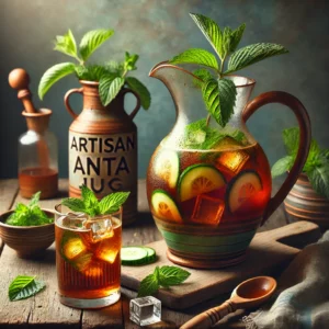 Homemade Pimms served in an artisan ANTA jug, deep amber in color, filled with ice cubes, fresh mint leaves, and thin slices of cucumber. The drink is styled on a rustic wooden table with an ANTA beaker filled with chilled Pimms, a small bowl of extra mint, and a wooden stirring spoon.