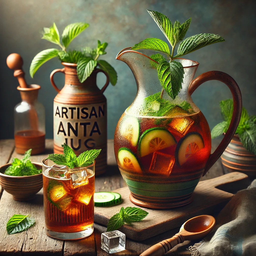 Homemade Pimms served in an artisan ANTA jug, deep amber in color, filled with ice cubes, fresh mint leaves, and thin slices of cucumber. The drink is styled on a rustic wooden table with an ANTA beaker filled with chilled Pimms, a small bowl of extra mint, and a wooden stirring spoon.