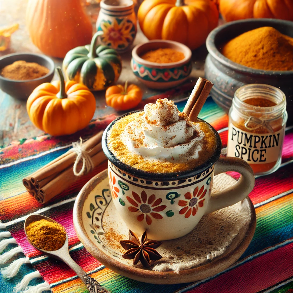 A cozy and vibrant scene featuring a homemade pumpkin spice coffee in a rustic mug, topped with whipped cream, a sprinkle of pumpkin spice, and a cinnamon stick. The setup includes a colorful Mexican-style tablecloth, small decorative pumpkins, a bowl of pumpkin spice mix, and a wooden spoon, illuminated by bright natural light to create a warm and inviting autumn-inspired atmosphere.