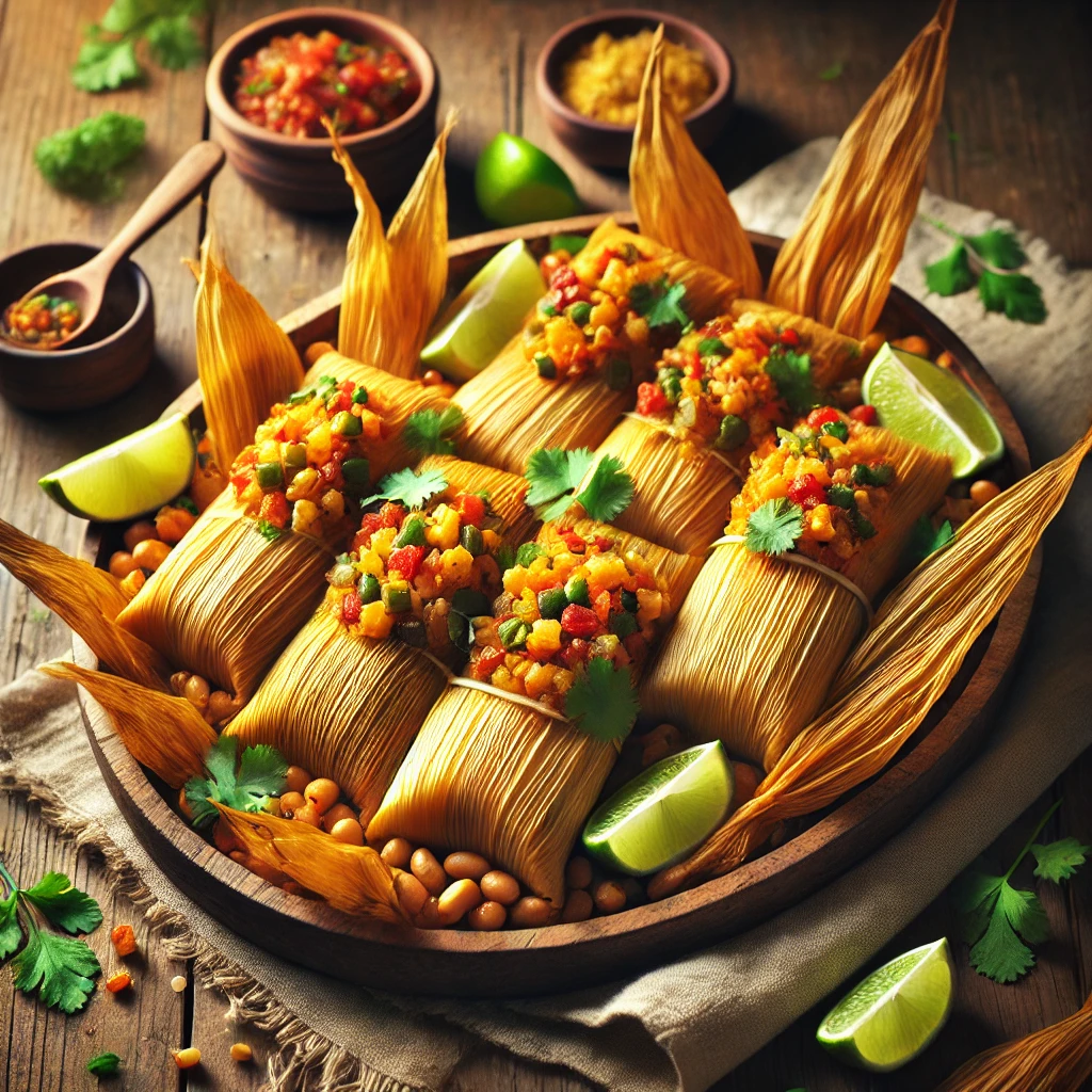 omemade vegan tamales wrapped in corn husks, arranged on a wooden platter, garnished with cilantro and lime wedges, served with a bowl of salsa on a rustic wooden table.