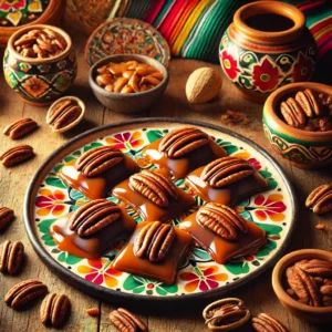 Homemade turtle candies with a base of toasted pecan halves arranged in a Y shape, topped with melted caramel and a smooth chocolate coating. The candies are displayed on a decorative Mexican ceramic plate with colorful, festive patterns. Surrounding the plate are vibrant Mexican textiles, pottery, and small bowls of pecans and chocolate chips. Warm lighting highlights the glossy chocolate and rich textures, creating a cozy, inviting presentation.