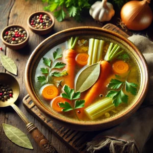 A beautifully plated bowl of Homemade Vegetable Stock, featuring a clear, golden broth infused with fresh vegetables and aromatic herbs. The stock is rich with visible ingredients such as carrots, celery, onions, garlic, and bay leaves, with hints of black peppercorns and parsley floating on the surface. Served in a rustic ceramic bowl, the broth has a warm, inviting glow. Accompanied by a wooden ladle and fresh vegetables on the side, the setting rests on a wooden table with soft, natural lighting enhancing the comforting and wholesome presentation.