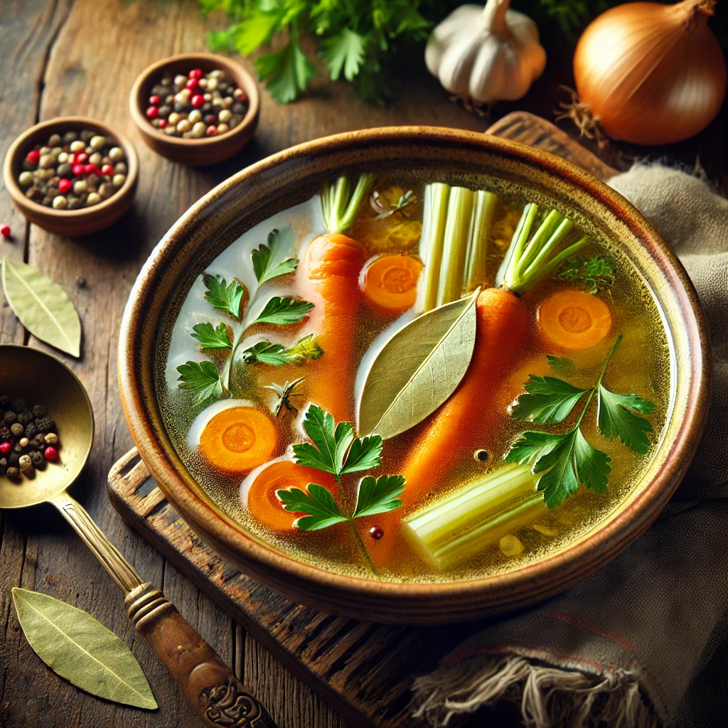 A beautifully plated bowl of Homemade Vegetable Stock, featuring a clear, golden broth infused with fresh vegetables and aromatic herbs. The stock is rich with visible ingredients such as carrots, celery, onions, garlic, and bay leaves, with hints of black peppercorns and parsley floating on the surface. Served in a rustic ceramic bowl, the broth has a warm, inviting glow. Accompanied by a wooden ladle and fresh vegetables on the side, the setting rests on a wooden table with soft, natural lighting enhancing the comforting and wholesome presentation.