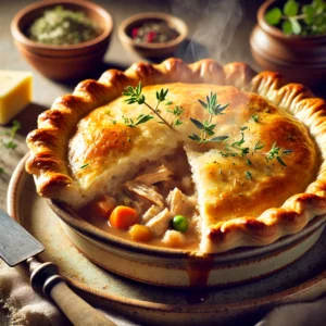 A beautifully plated Homestyle Chicken Pot Pie, featuring a golden, flaky crust with a slight shine. The pie is cut open to reveal a creamy filling of shredded chicken and mixed vegetables in a rich broth. Steam gently rises from the warm filling. The pie sits in a rustic ceramic dish on a wooden table, accompanied by a side of fresh herbs and a butter knife. Soft, warm lighting enhances the cozy and inviting feel of the homemade comfort dish.