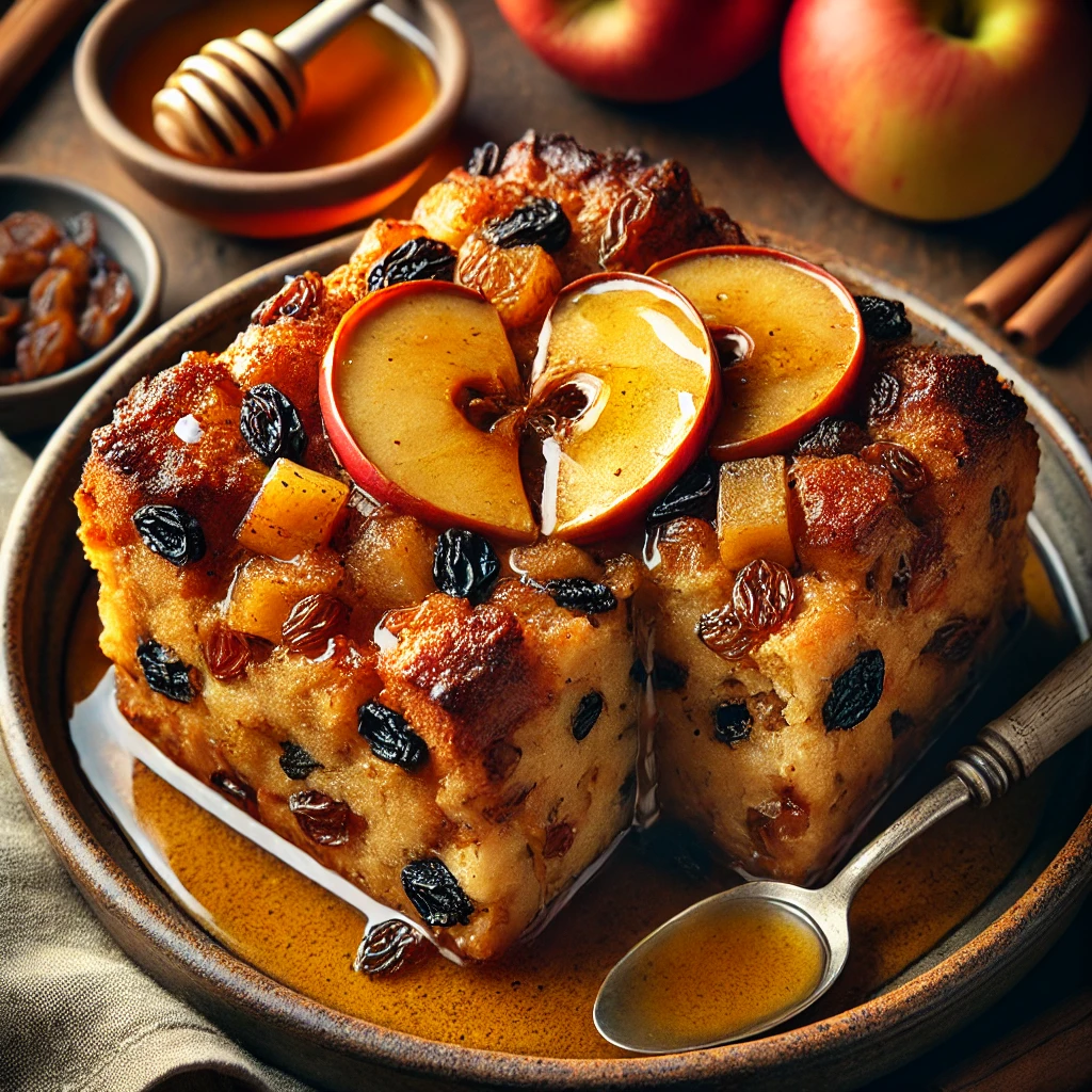 A warm and comforting Honey Apple Bread Pudding with a golden-brown, caramelized top. The pudding is filled with soft, cinnamon-spiced apples, raisins, and cubes of raisin swirl bread, drizzled with honey for a glossy finish. A scoop is served on a rustic ceramic plate, revealing the moist and flavorful interior. The dish sits on a wooden table, accompanied by a small dish of extra honey, a few fresh apple slices, and a linen napkin. Warm, natural lighting enhances the inviting textures and rich, comforting colors.