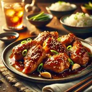 Honey Chicken with Soy Sauce and Ginger on a rustic ceramic plate, featuring golden-brown chicken pieces glazed in a sticky honey soy sauce with ginger and garlic. Garnished with sesame seeds and green onions, set on a wooden table with steamed rice and a glass of iced tea in the softly blurred background.
