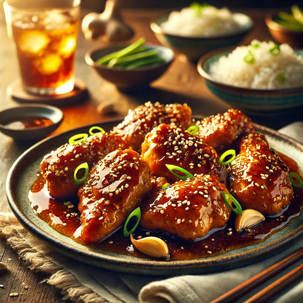 Honey Chicken with Soy Sauce and Ginger on a rustic ceramic plate, featuring golden-brown chicken pieces glazed in a sticky honey soy sauce with ginger and garlic. Garnished with sesame seeds and green onions, set on a wooden table with steamed rice and a glass of iced tea in the softly blurred background.
