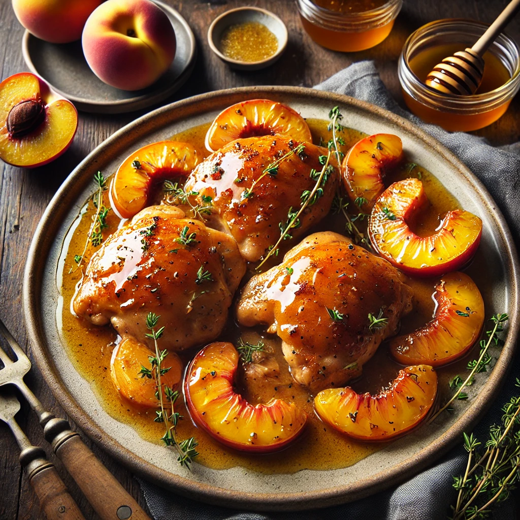 A realistic and inviting presentation of Honey-Ginger Peach Chicken, featuring golden-brown chicken thighs glazed with a sweet honey-ginger sauce and topped with slices of caramelized peaches. Garnished with fresh thyme, the dish is served on a rustic ceramic plate set on a wooden table. Small bowls of honey and ginger complete the warm and natural atmosphere, enhanced by soft, natural lighting to highlight the vibrant and flavorful appeal of the meal.