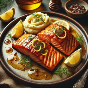 Dilled and Glazed Salmon Steaks with a glossy honey-lemon glaze, garnished with fresh dill and lemon zest, accompanied by mashed potatoes, presented in a rustic setting under warm natural lighting.