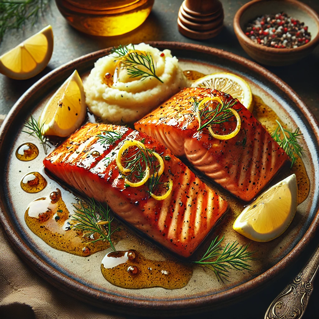 Dilled and Glazed Salmon Steaks with a glossy honey-lemon glaze, garnished with fresh dill and lemon zest, accompanied by mashed potatoes, presented in a rustic setting under warm natural lighting.
